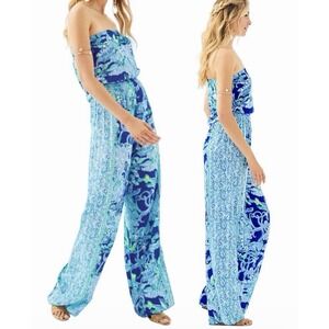 Lilly Pulitzer Pim Jumpsuit Strapless Wide Leg Sea Sirens Print Blue Sz M Beach